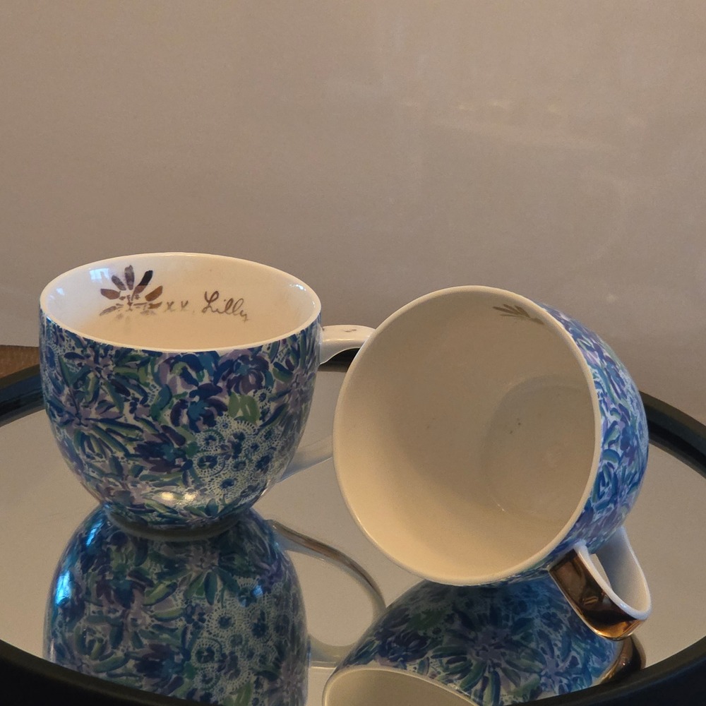 Lilly Pulitzer Floral Ceramic Mug Set Blue Purple Gold Handle 2 pc tea party